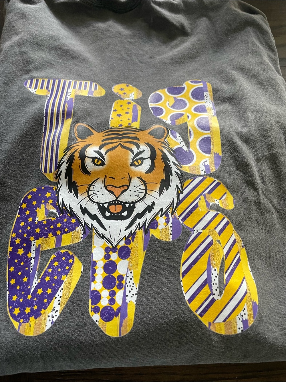 Comfort Colors Grey Tee with Tiger Graphic and Purple & Gold Accents